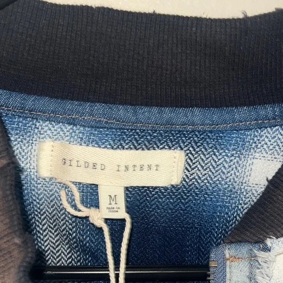 Gilded Intent Distressed Blue Checkered Denim Jacket medium NWT - Picture 8 of 8